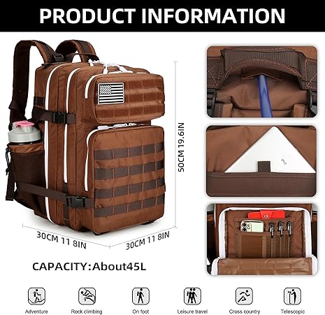 45L Tactical Assault Backpack 3 day assault pack with Molle Waterproof backpack Rucksack for Tactical Backpacks (Dark brown)