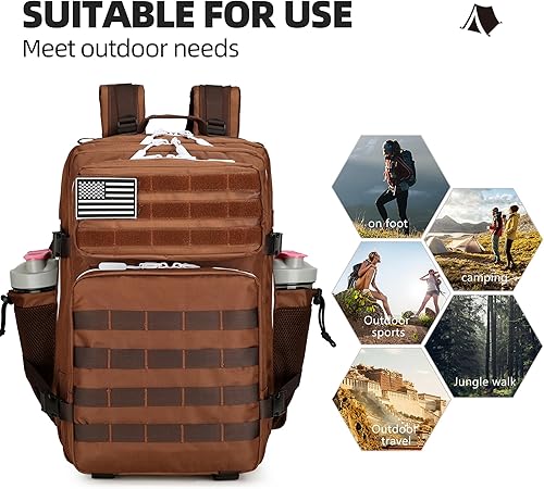 45L Tactical Assault Backpack 3 day assault pack with Molle Waterproof backpack Rucksack for Tactical Backpacks (Dark brown)