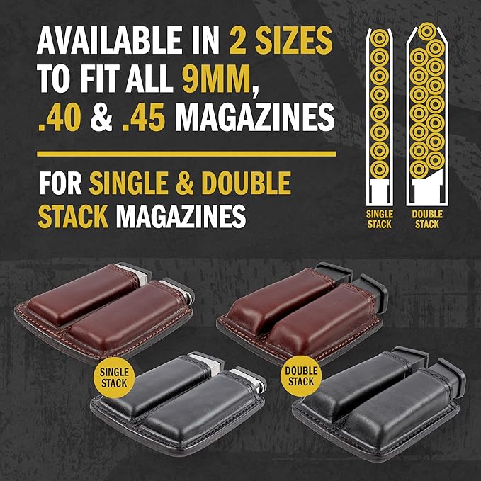 Tactical Leather Double Magazine Holder | Made in USA | Sizes to fit virtually Any 9mm .40 or .45 Caliber Pistol Mag | Single or Double Stack | IWB or OWB Mag Pouch