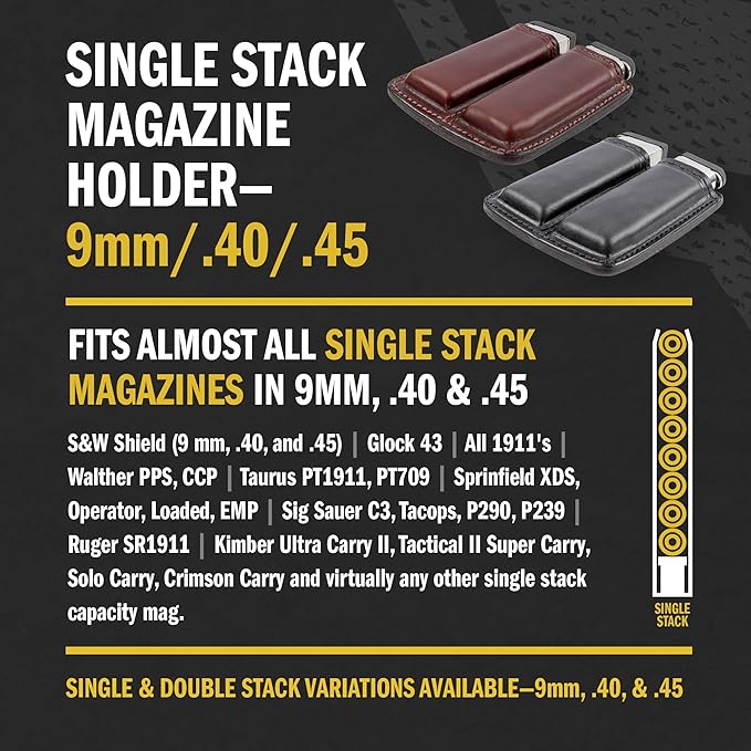 Tactical Leather Double Magazine Holder | Made in USA | Sizes to fit virtually Any 9mm .40 or .45 Caliber Pistol Mag | Single or Double Stack | IWB or OWB Mag Pouch