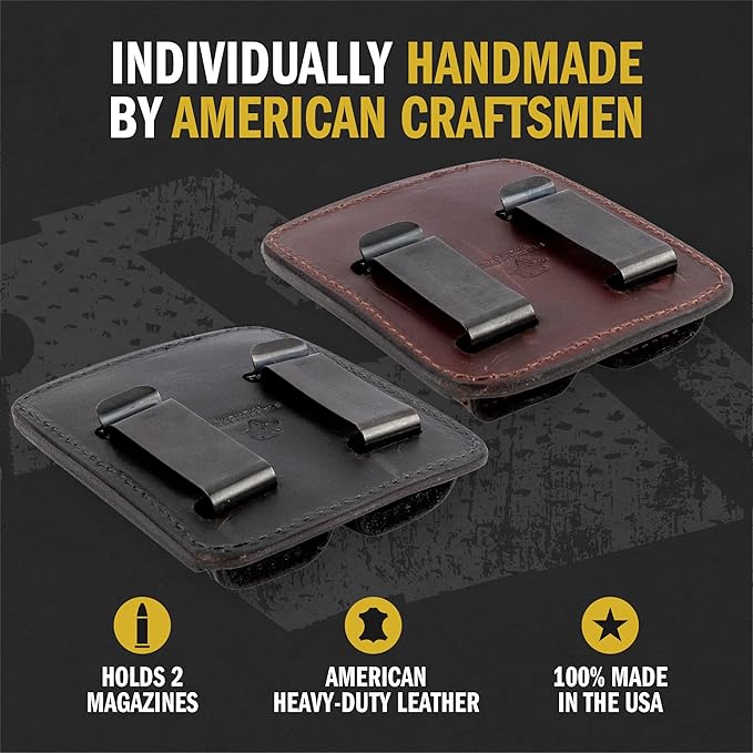 Tactical Leather Double Magazine Holder | Made in USA | Sizes to fit virtually Any 9mm .40 or .45 Caliber Pistol Mag | Single or Double Stack | IWB or OWB Mag Pouch