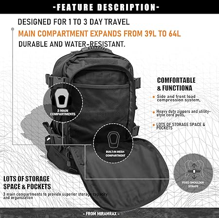 Tactical Backpack Military Army Daypack - Assault Pack for Men Molle Backpacks Bug Out Bag 3 Day Pack for Hiking Camping Travel Hunting Rucksack Trekking Black